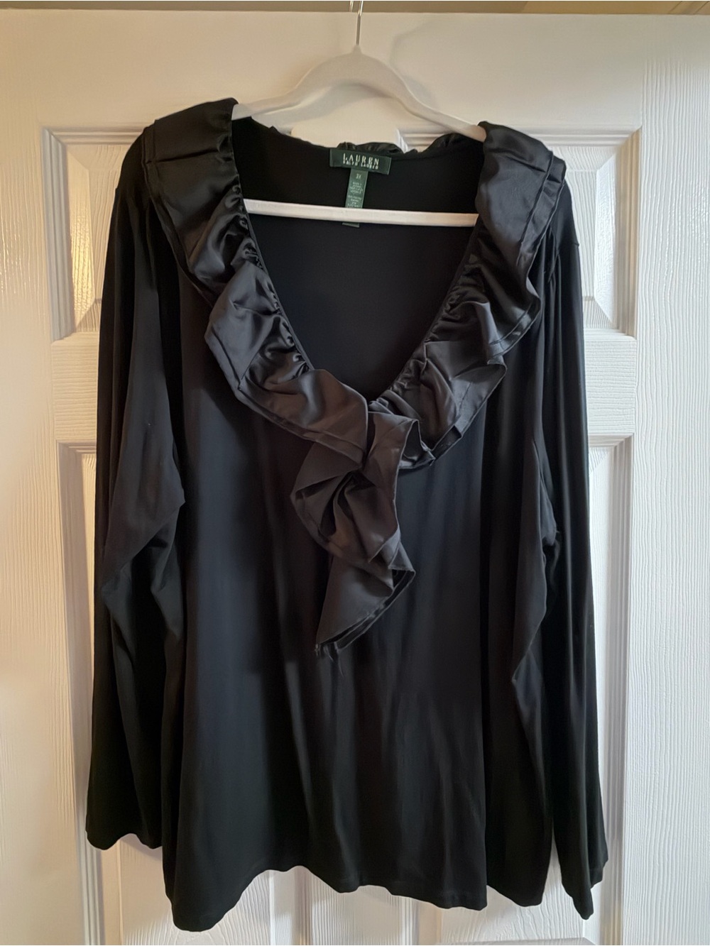 Lauren Ralph Lauren Black Ruffle-Trim V-Neck Long-Sleeve Blouse
